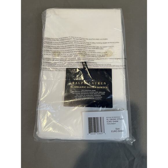 RALPH LAUREN Sateen Border Euro Sham Organic Cotton White/Parchment 26"x26" $185 - Picture 6 of 6